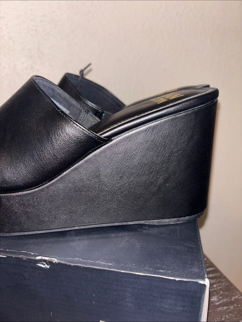 Madden NYC Black Platform Wedge Slides